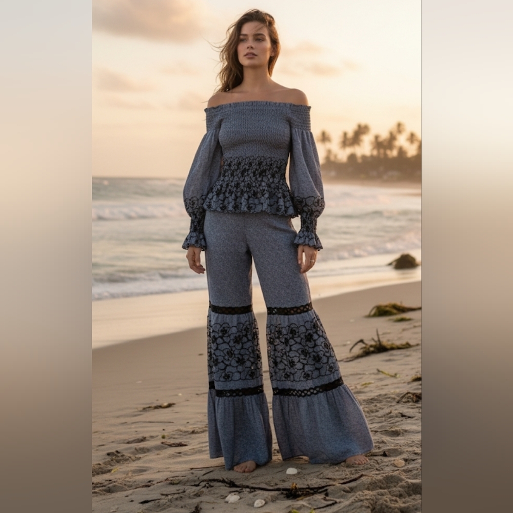 Alexis Embroidered Boho Wide Leg Pants/Top Set Size S
